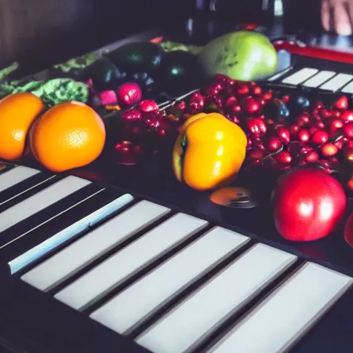 Prompt: film still of fresh fruits and vegetables making beats on an mpc