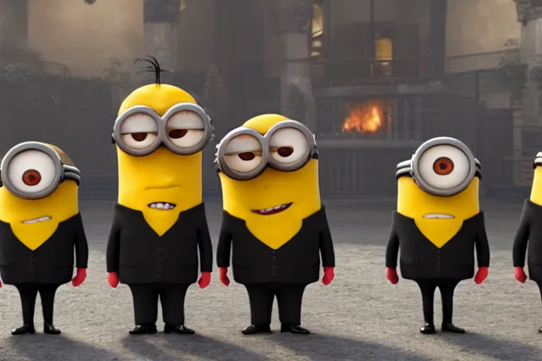 Prompt: donald trump as gru, being followed by minions, movie still