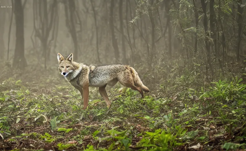 Prompt: a coyote in a foggy jungle, photography