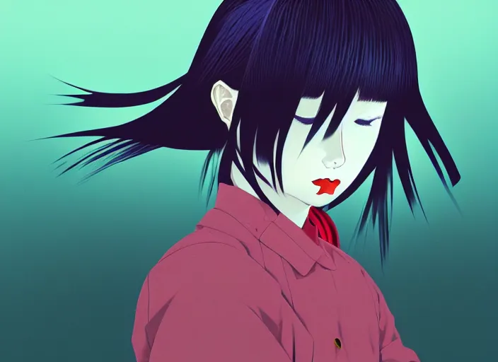 Image similar to editorial illustration by Narumi Kakinouchi and Karolis Strautniekas and Mads Berg, colorful, anime portrait vampire princess miyu, katsuhiro otomo, Ilya kuvshinov,fine texture, smooth cel shading, fine details, matte print, film noir, dramatic lighting, dynamic composition, cinematic, film grain, moody, vivid, volumetric,stippled lighting