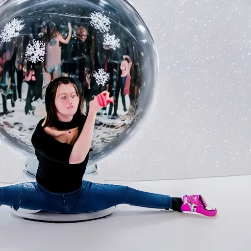 Image similar to a teenage emo girl squatting inside a giant snowglobe, editorial photography, in a photo studio