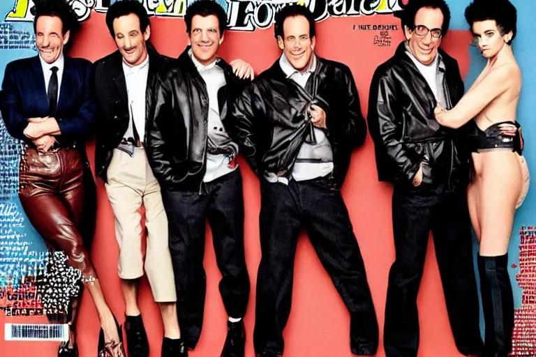 Image similar to a high fashion photograph of the cast of seinfeld wearing leather, rolling stone magazine, fashion photography.