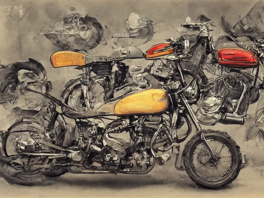 Prompt: ( ( ( ( ( motorcycle concept art, cafe racer, scrambler, 1 9 6 0 s, 1 9 7 0 s ) ) ) ) ) by jerome podwil and davis meltzer!!!!!!!