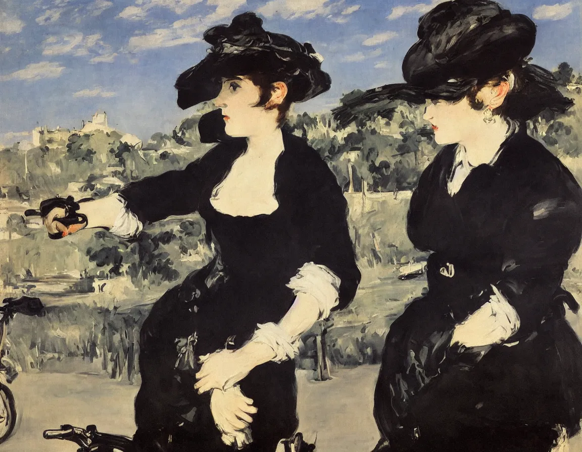 Image similar to edouard manet. a wide portrait of a marie from the side all dressed in black on a motorcycle on a highway looking over her shoulder towards us. blue sky. there is another motorcycle blurred in the background. precise thin brush strokes. expressive. emotional. modern.