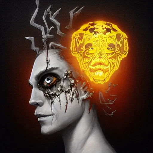 Prompt: divine zombie head symbol glowing in white yellow light spell scroll art by artgerm and greg rutkowski and Craig Mullins, James Jean, Andrey Ryabovichev, Mark Simonetti and Peter Morbacher 16k