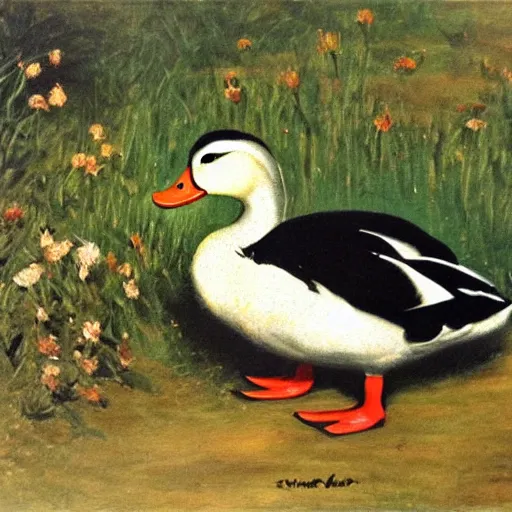 Prompt: a duck on the prowl oil painting ernest fuchs