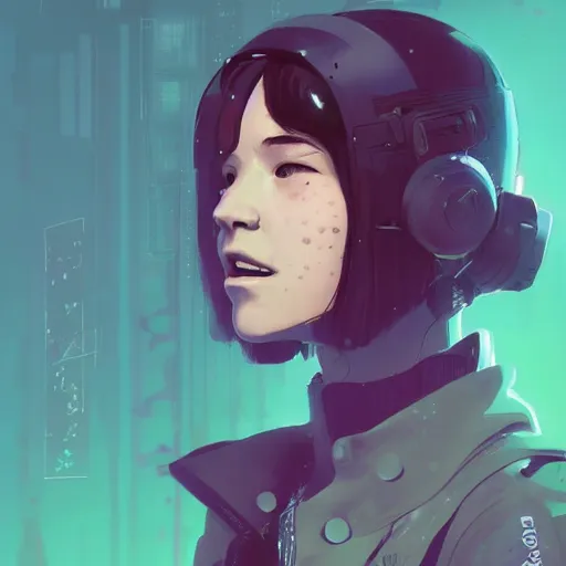 Image similar to Highly detailed portrait of a cyberpunk young lady with, freckles and wavy hair by Atey Ghailan, by Loish, by Bryan Lee O'Malley, by Cliff Chiang, by Goro Fujita, inspired by image comics, inspired by graphic novel cover art, inspired by nier!! Gradient color scheme ((grafitti tag brick wall background)), trending on artstation