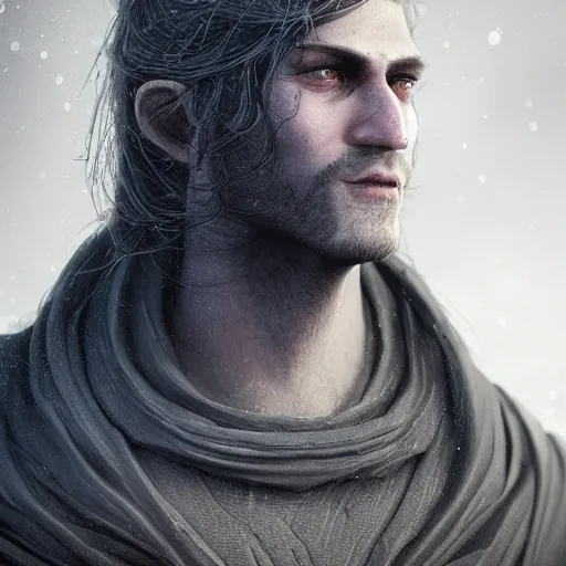 Image similar to a highly detailed portrait of a man with purple eyes, light gray long hair, beardless, no beard, wearing a black cloak, artstation, DeviantArt, professional, octane render