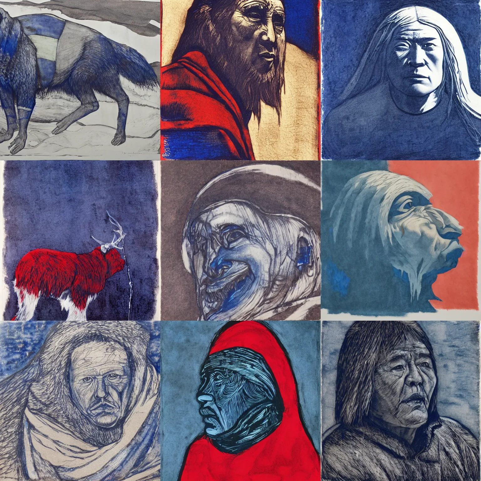 Prompt: inuk realist lithograph of hunter, ultramarine blue, venetian red, titanium buff, luminous, ethereal, dense linework, grisaille, woodcut, watercolor tinting, chiaroscuro, dark background, subsurface scattering