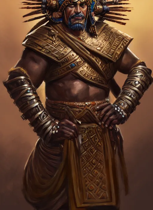 Prompt: smart tai warlord, closeup portrait, historical hero, ethnic group, tai costume, bronze headdress, intricate, with leather armor cross on bare chest, elegant, loin cloth, highly detailed, oil painting, artstation, concept art, matte, sharp focus, illustration, hearthstone, art by earl norem