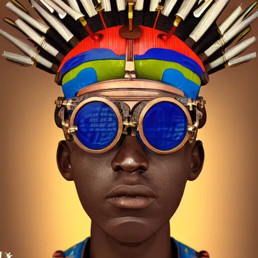 Image similar to colourful vfx upper half - portrait - art of a african tribal chief wearing steam punk goggles, art by utagawa kunisada & james jean, symmetrical, intricate detail, concept art, volumetric light, ray tracing, caricature, digital illustration, digital painting, octane 3 d render, unreal engine, sharp, pinterest, behance, art station,