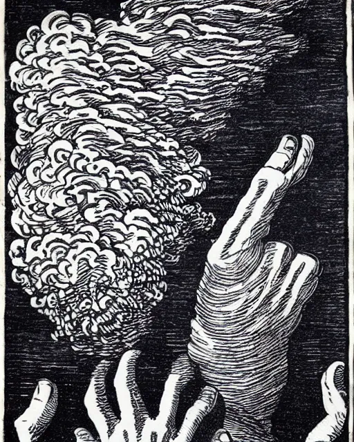 Prompt: a woodcut of billowy smoke surrounding a pair of floating hands by henricus hondius ii, featured on flickr, mannerism, grotesque, woodcut, macabre, highly detailed