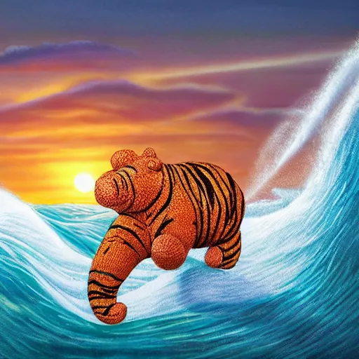 Prompt: a closeup photorealistic render of a cute knitted tiger hippopotamus riding a large wave during sunset. surf in the background. intricate stitching. professional capture. brightly lit scene. this 4 k hd image is trending on artstation, featured on behance, well - rendered, extra crisp, features intricate detail, epic composition and the style of unreal engine.