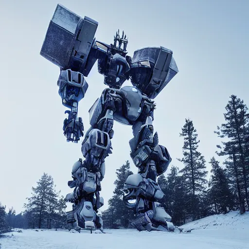 Prompt: futuristic colossal mech fortress travels across a swedish forest in the winter very low angle photograph trending on artstation