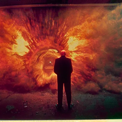 Image similar to filmic extreme realistic wide shot dutch angle movie still 35mm film color photograph of a man's head exploding, in the style of Scanners