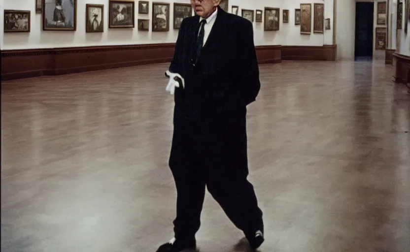 Prompt: 50s movie still close-up portrait of an elder soviet general walking in an empty museum, by David Bailey, Cinestill 800t 50mm eastmancolor, heavy grainy picture, very detailed, low quality video, 4k, HD criterion, precise texture and facial expression
