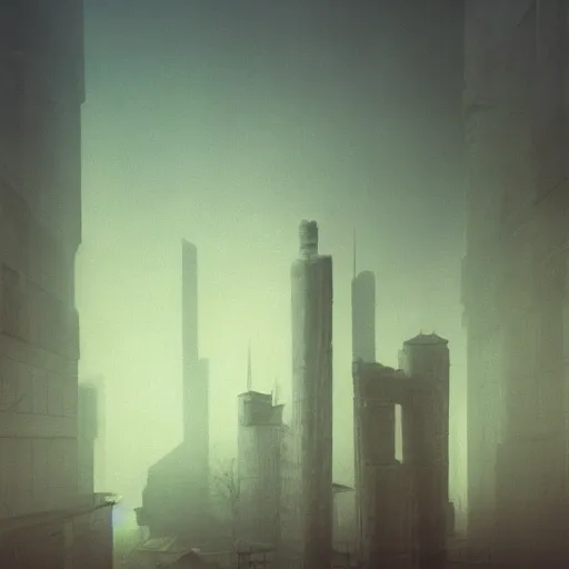 Prompt: arm reaching out of thick fog, round buildings in background, stacked buildings, rounded architecture, sophisticated, zdzislaw beksinski, architecture of frank lloyd wright, zaha hadid, norman foster