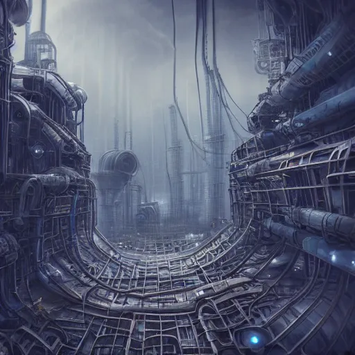 Image similar to futuristic dystopian endless, intricate, complex, labyrinthine, byzantine, tangled, industrial megafactory complex, smokestacks, pipelines and ducts and vents, matte painting, steampunk, smoke, night, gloomy, dark, dramatic, cinematic, volumetric lighting, gods eye view