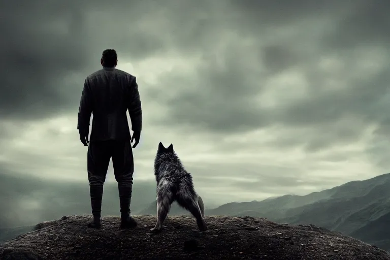 Image similar to the back of a man, facing a angry wolf, stand - off, muted colors, 8 k, depth of field, cinematic, hyperrealistic, movie still frame, promotional image, imax 7 0 mm footage