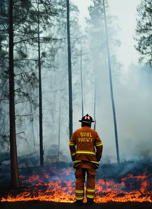 Prompt: a 3 5 mm photo from the back of a firefighter standing in front of a burning forest, bokeh, canon 5 0 mm, cinematic lighting, film, photography, depth of field, award - winning, bokeh