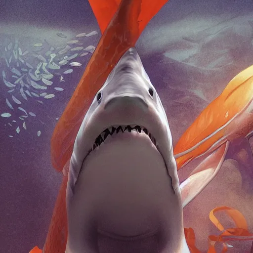 Prompt: great white shark, lower half traffic cone, full body, underwater background detailed atmospheric - ron cheng & alphonse mucha, highly detailed, digital painting, ray tracing, concept art, illustration, smooth sharp focus, intricate, symmetry, artstation,