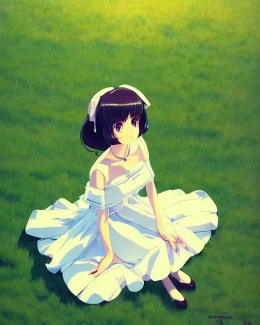 Prompt: cute girl sitting on grass, big dress, view from above | very very anime!!!, fine - face, audrey plaza, realistic shaded perfect face, fine details. anime. very strong realistic shaded lighting poster by ilya kuvshinov katsuhiro otomo ghost, magali villeneuve, artgerm, jeremy lipkin and michael garmash and rob rey