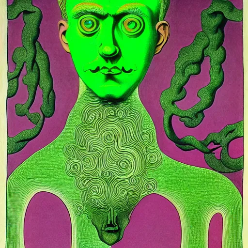 Image similar to green and pink graphic conceptual post - mortem monumental portrait made by escher and william blake and salvador dali, highly conceptual art, intricate detailed painting, illustration sharp detail, manga 1 9 9 0, experimentation cabinet