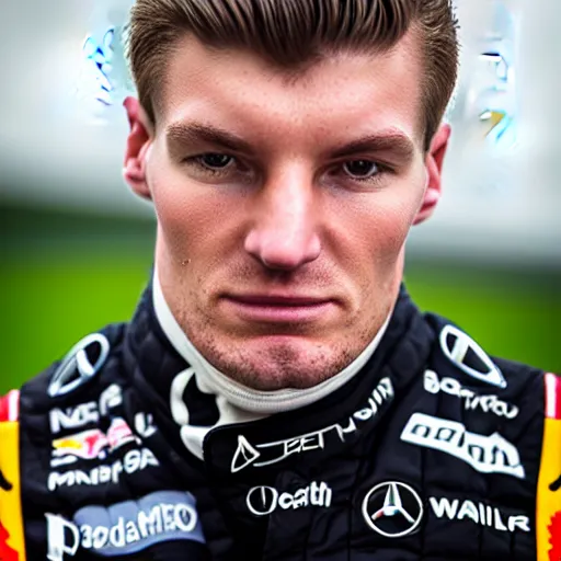 Image similar to a portrait of a mercedes f 1 driver in a black overall with the face of max verstappen, peofessional portrait photography, ambient light