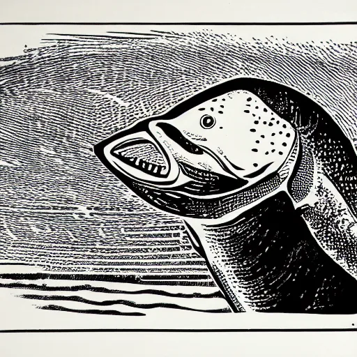 Prompt: linoprint of a salmon breaking ice ex libris