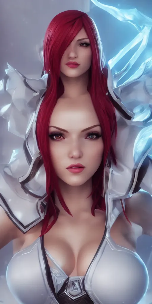 Image similar to Katarina from League of Legends, photorealistic studio portrait, studio lighting, unreal engine 5, hyperrealistic, dynamic lighting, white ambient background, realistic, highly detailed