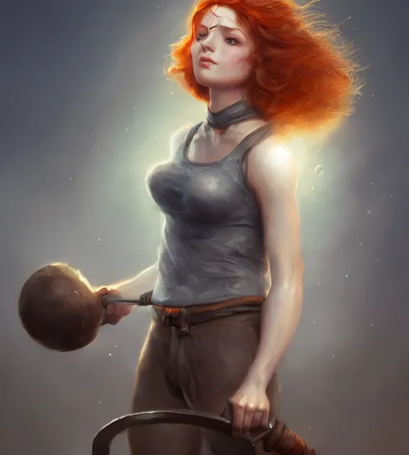 Prompt: cute female blacksmith, perfect face, grey halter top, ginger hair, abs, embers, cinematic, stunning, elegant, highly detailed, psychedelic, digital painting, artstation, smooth, hard focus, illustration, art by jessica rossier and and brian froud