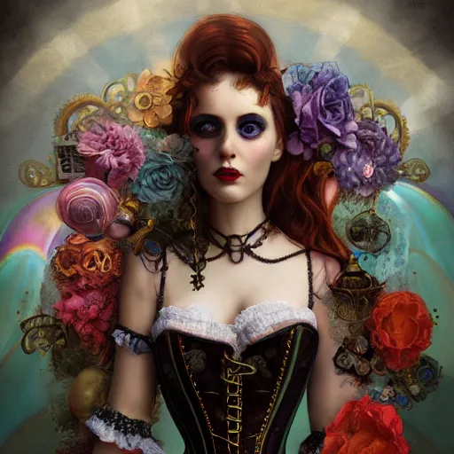 Image similar to photorealistic soft paint of a curiosities carnival, single young beautiful dollpunk in a full steampunk corset, symmetry accurate features, ominous, focus, rainbow lighting, very intricate details, award winning masterpiece, behance, by tom bagshaw