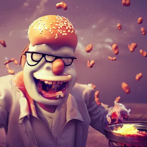 Image similar to a mad scientist in his back yard laughing happily at the hamburgers which are falling from the sky , concept art, trending on artstation 3D.