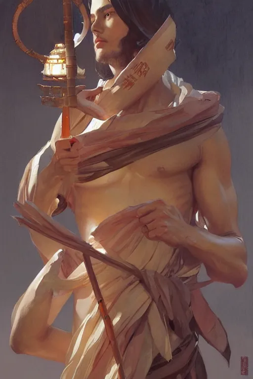 Image similar to male, temple, taoism, painting by greg rutkowski, j. c. leyendecker, artgerm