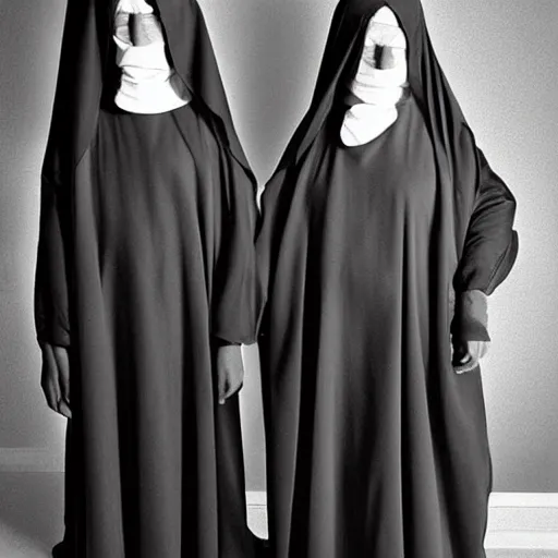 Image similar to award winning photo,two Hovering twin nuns, wearing pointed hoods, buxom chested, blindfolded, wearing translucent veils, see through dress, Very long arms, bedroom, wood door, eerie, frightening, standing at the foot of your bed, highly detailed, photorealistic, colorized —width 1024 —height 1024