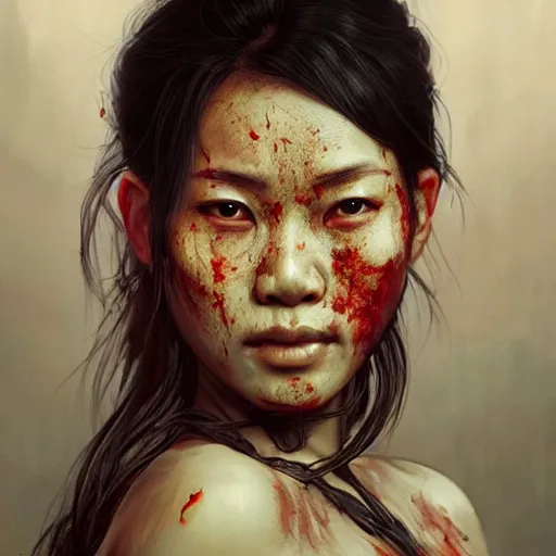 Image similar to portrait painting of a bloodied thai female butcher, ultra realistic, concept art, intricate details, eerie, highly detailed, photorealistic, octane render, 8 k, unreal engine. art by artgerm and greg rutkowski and alphonse mucha