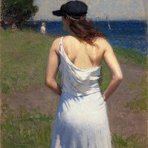 Prompt: woman with baseball cap, back view, summer dress, by paul chabas