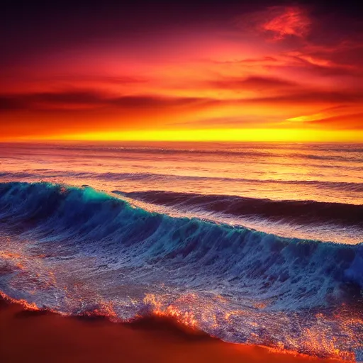 Prompt: sea sunrise with waves, aesthetic, realistic, sunrise, 8 k, sharp, colorful