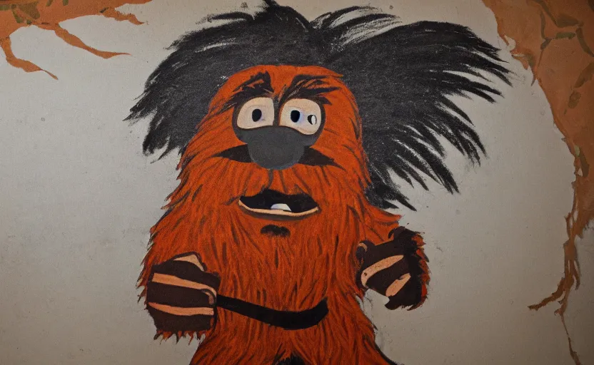 Image similar to cave painting of gritty the mascot, imax