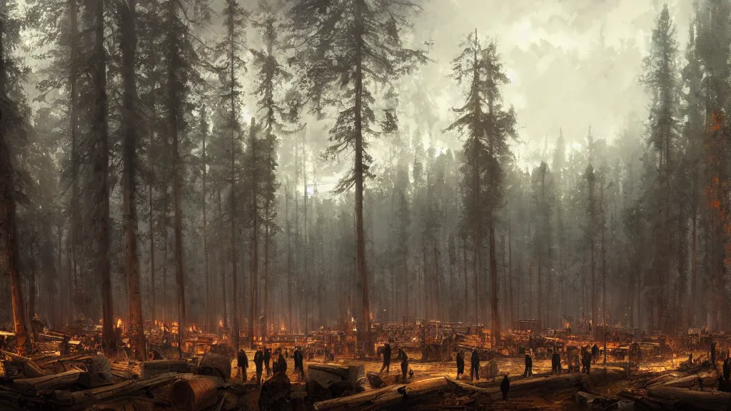 Prompt: panorma view of lumberyard with lumberjacks and forest in background, papyrus, watercolored, jakub rozalski, dark colours, dieselpunk, artstation