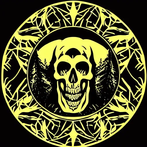 Image similar to dark death metal themed vector illustration for a record label, trees. forest, spikes, skull, microphone, skull, award winning, grunge, iconic, golden ratio