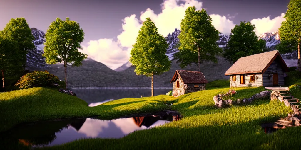 Image similar to a beautiful fantasy landscape, mountain in background, little cottage, small pond, some trees in the corner. hyper realism, octane render