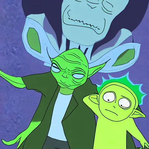 Image similar to Baby Yoda meets Rick Sanchez in Rick and morty digital art 4k detailed super realistic