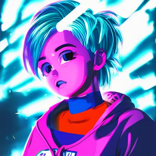 Prompt: bulma in hoodie, portrait, vaporwave, synthwave, neon, vector graphics, cinematic, volumetric lighting, f 8 aperture, cinematic eastman 5 3 8 4 film, photorealistic