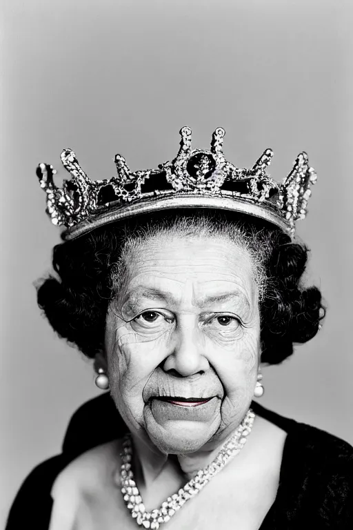 Prompt: a photograph of an elderly black lady with grey curly hair, wearing a crown and clothing of Queen Elizabeth the second, 50mm lens, portrait photography, taken by Robert Capa, studio lighting