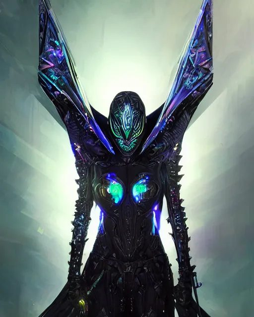 Prompt: the omnipotent assassin, vivid award winning digital artwork, intricate black sharp hooded semi - cybernetic athletic body armor, beautiful iridescent colors, technology cloak, long spikes, glowing face, detailed realistic, specular colors, ornate colored gems and crystals, character art by wlop, greg rutkowski and artgerm