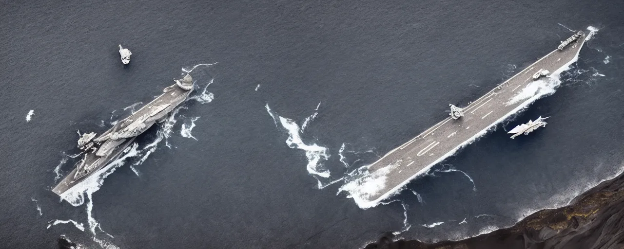 Image similar to low angle cinematic aerial shot of abandoned aircraft carrier attacked by godzilla in the middle of black sand beach in iceland