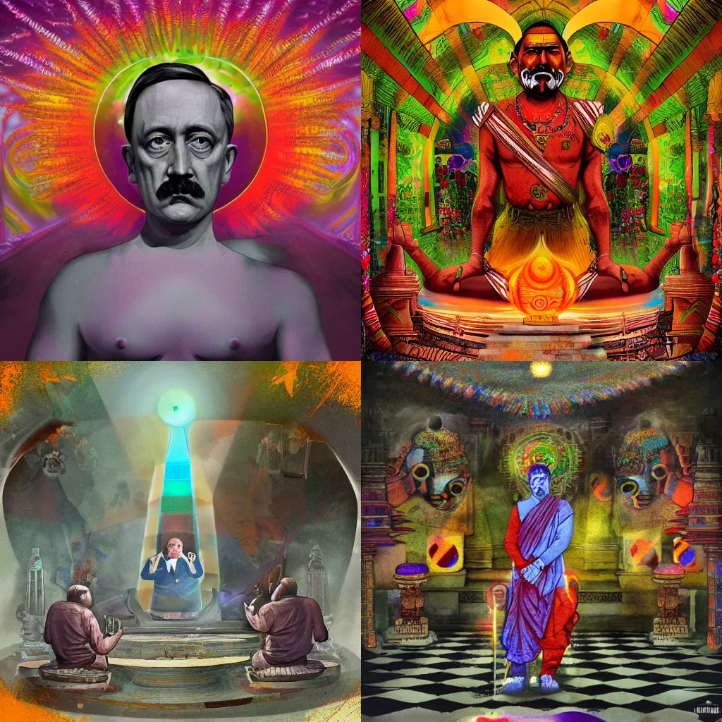 Prompt: Adolf Hitler taking LSD in a temple in India and having an epiphany, highly detailed, digital art, trending on artstationhq