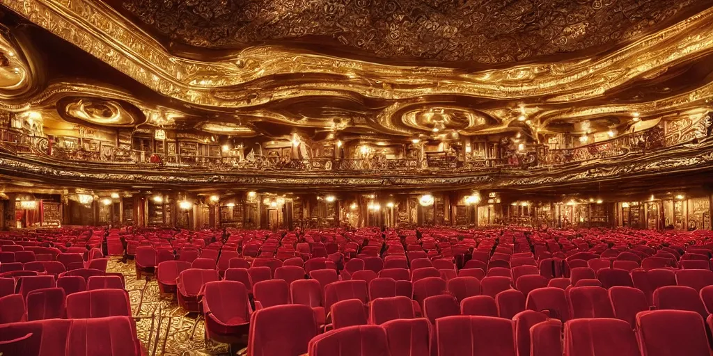 Image similar to realistic interior photo of pathe tuschinski amsterdam, 8 k, hyper realistic, very detailed,