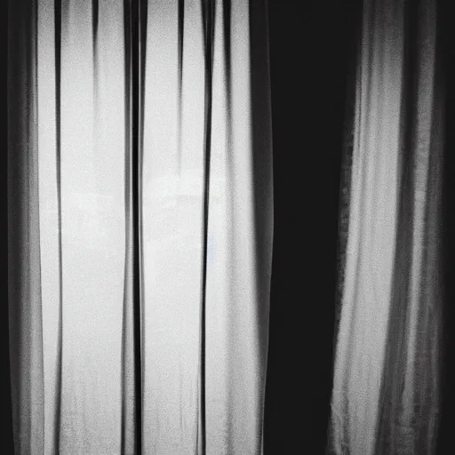 Prompt: A surveillance camera casting a harsh light through a pair of translucent curtains, with a two-headed female silhouette in the foreground, cinematic lighting, detailed, Fujifilm